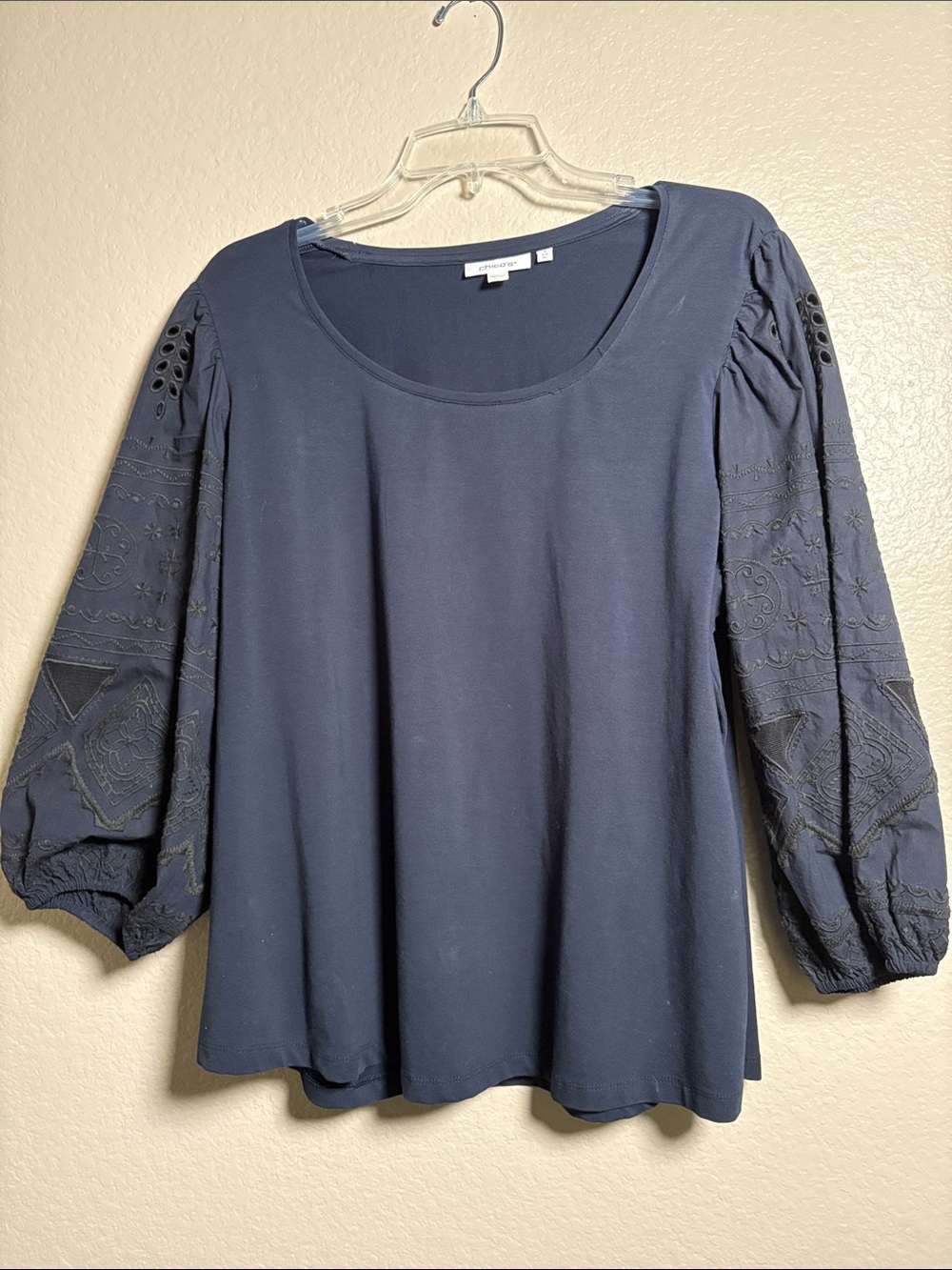 Chico's Navy Embroidered Puff-Sleeve Top